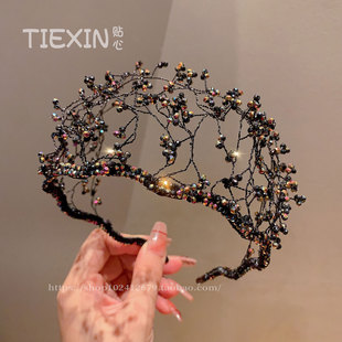 手工串珠立体水晶发箍超仙轻奢编织镂空网状头箍精致气质网红发饰