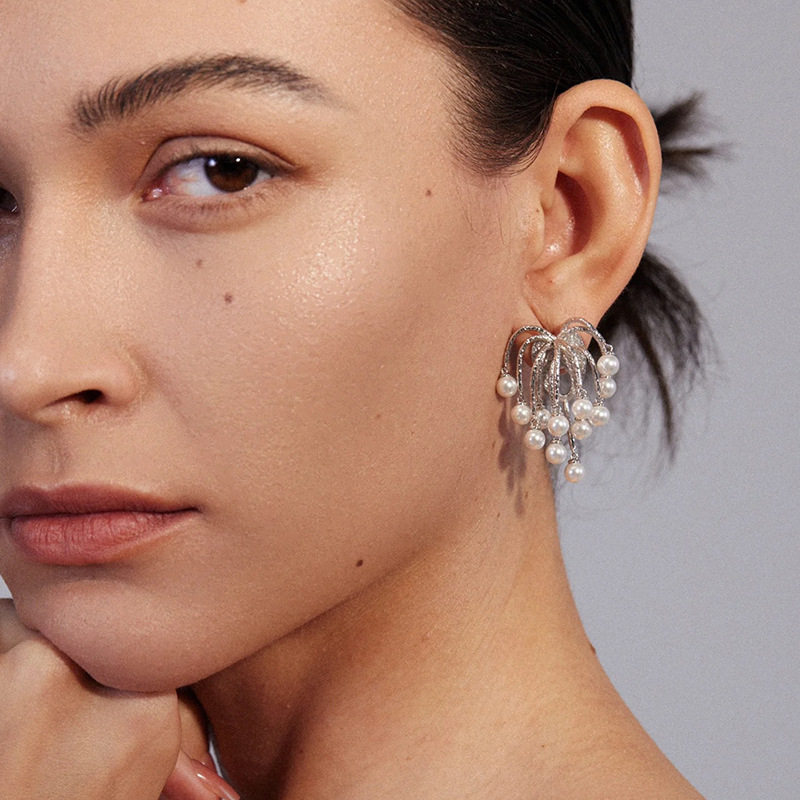 pinkdri**le同款流苏烟花瀑布耳钉小众925银针珍珠耳钉开口戒指女