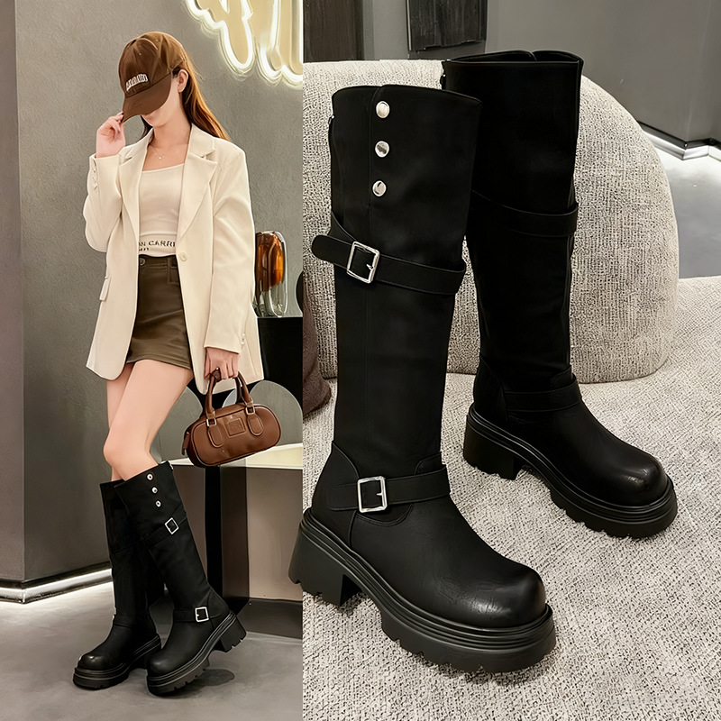 美拉德棕色长筒靴女2025秋冬新粗腿增高皮质排扣骑士靴高筒靴8279