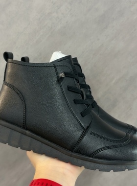 富奈真皮短靴女2025冬加绒保暖中老年高帮棉靴平底妈妈女鞋558250