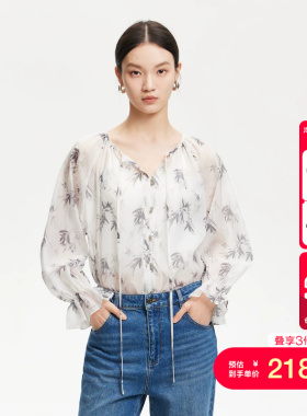 vq区绫致Vero Moda衬衫女春夏飘带设计竹子印花国风衬衫