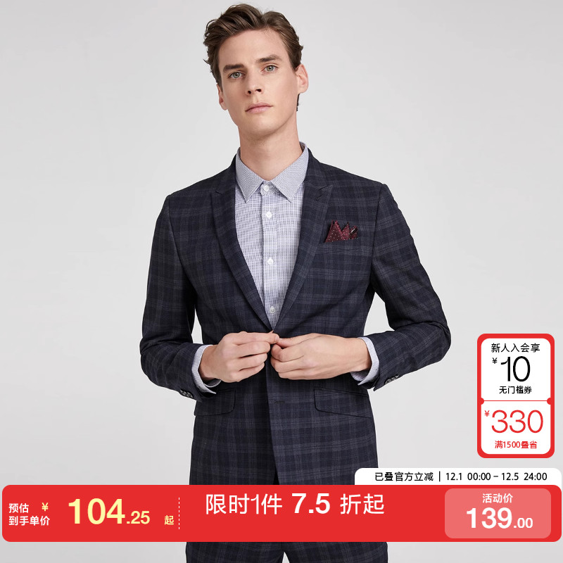 绫致格子修身商务西装外套修身