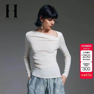 绫致Season High春季修身纯色不对称褶皱含羊毛长袖T恤女装
