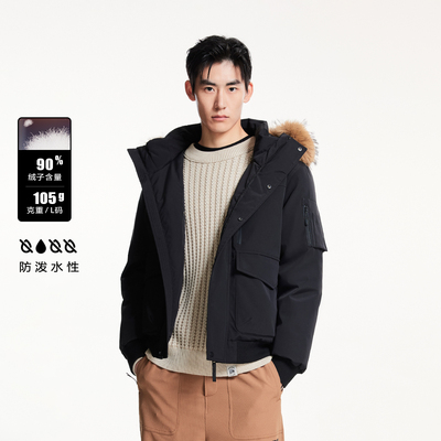 jq区绫致杰克琼斯秋冬百搭宽松抽绳连帽可拆卸毛领羽绒服外套男