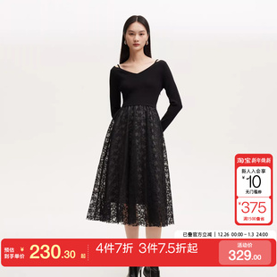 tq区绫致Vero Moda连衣裙女秋冬V领蕾丝拼接针织长裙优雅气质