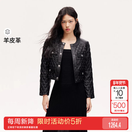 [新降五折]绫致VeroModa皮衣女秋冬羊皮革皮夹克铆钉短款皮衣气质