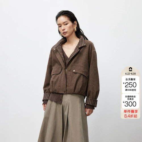 绫致ONLY秋冬新款复古休闲立领宽松落肩短款夹克外套女