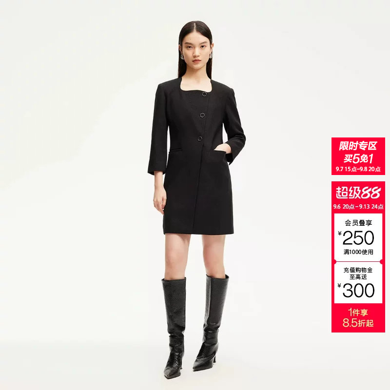 [买5免1]绫致CoutureMade连衣裙女春夏方领垫肩西装裙七分袖图片