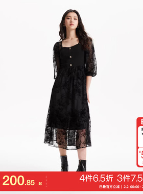 t区绫致VeroModa连衣裙25春夏长裙女七分袖方领拼接黑色女