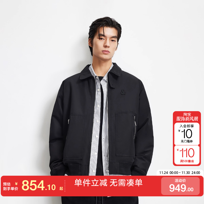 绫致杰克琼斯男棉服冬季时尚贴布简约纯色翻领宽松保暖外套