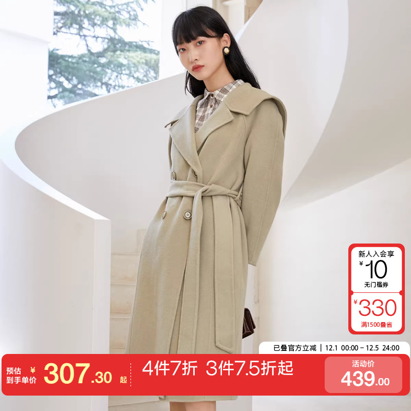 tq区绫致Vero Moda秋冬新款复古翻领双排扣含羊毛大衣女时尚潮