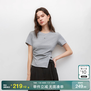 新款 绫致ONLY2025夏季 棉感亲肤褶皱不对称正肩圆领T恤女