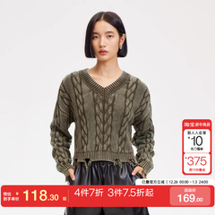 tq区绫致VeroModa针织衫女24冬v领毛边纽花短款做旧针织衫