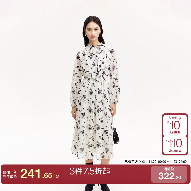 v区绫致Vero Moda连衣裙女秋冬浪漫满印A字玫瑰飘带连衣裙显瘦