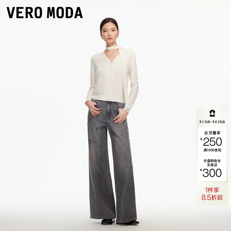 绫致Vero Moda牛仔裤新款含棉钻饰花朵复古喇叭裤图片