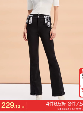 t区绫致VeroModa牛仔裤女秋冬黑色高腰丝带开叉微喇裤时尚