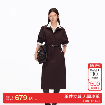 绫致Vero Moda连衣裙2025秋季新款含棉捏褶腰带收腰中长裙