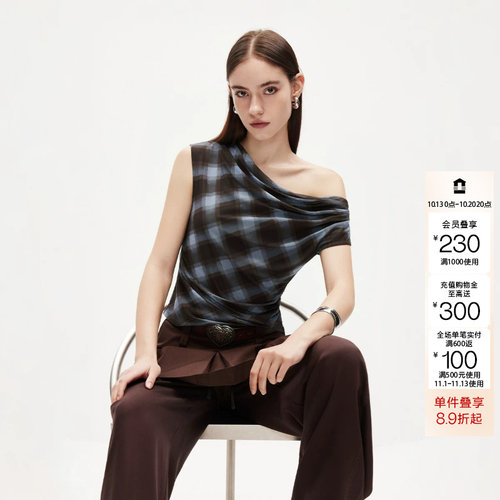 绫致ONLY2026秋季新款优雅时髦荡领格纹显瘦短款T恤上衣女