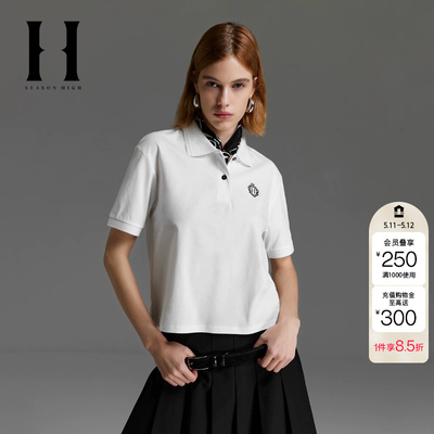 绫致SEASONHIGH款女翻领T恤纽扣领口刺绣开衩底摆百搭短袖女