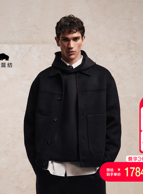 vj区绫致杰克琼斯男秋毛呢大衣黑色日常两侧插袋单排纽扣长袖外套