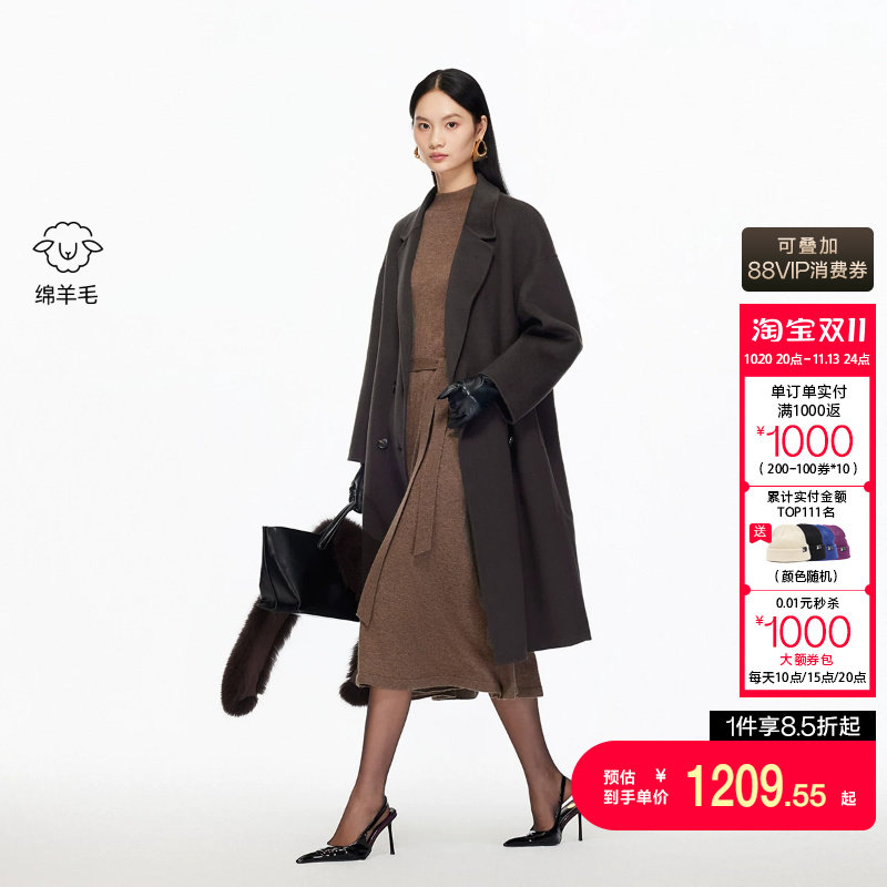 绫致Vero Moda毛呢大衣秋冬新款翻领纯绵羊毛中长款大衣