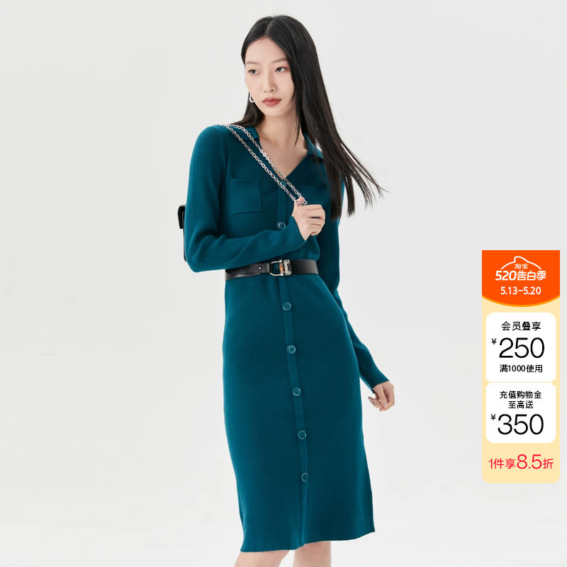 绫致Vero Moda连衣裙秋冬针织中长裙H版长袖V领直筒女时尚潮