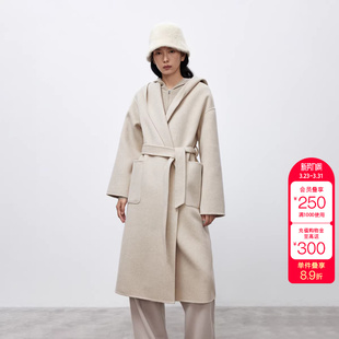 绫致ONLY冬季 双面呢浴袍连帽设计收腰毛呢大衣女 新款