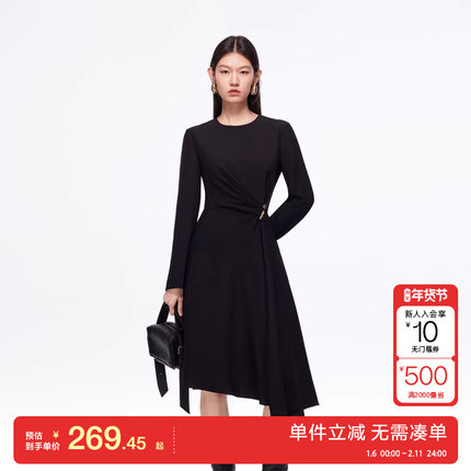 绫致Vero Moda连衣裙25秋冬金属装饰收腰显瘦不规则裙摆小黑裙