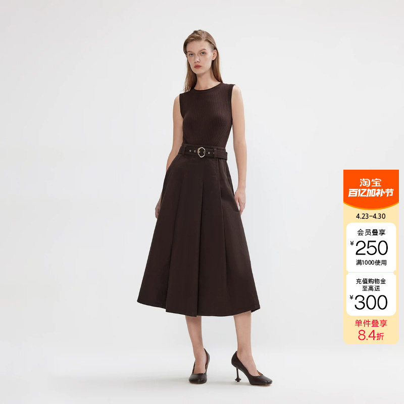 绫致ONLY秋冬新款无袖中长款A字针织牛仔拼接连衣裙女