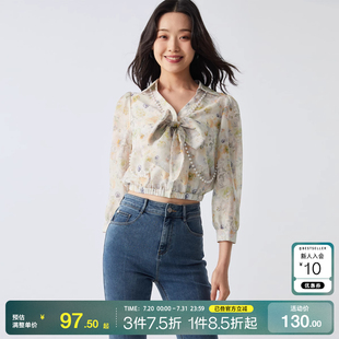 tq区绫致VeroModa25衬衫 春夏少女甜美蝴蝶结珍珠七分袖 上衣女时尚