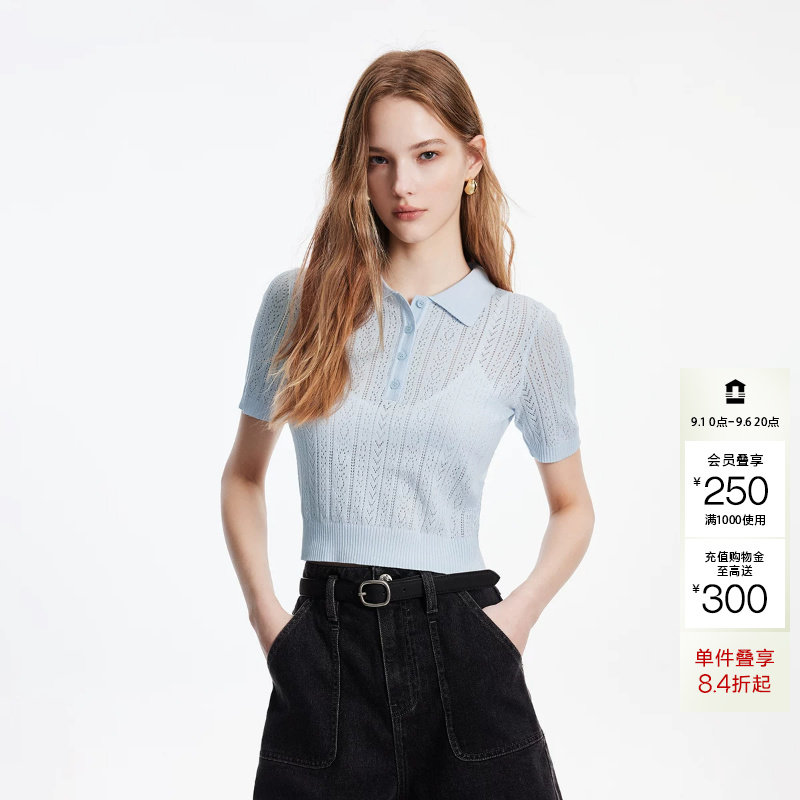 绫致ONLY2026春季新款提花柔软舒适正肩Polo领短袖针织衫女图片