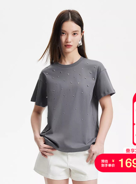 vq区绫致Vero ModaT恤25春夏亮钻装饰格雷系宽松短袖上衣精致百搭