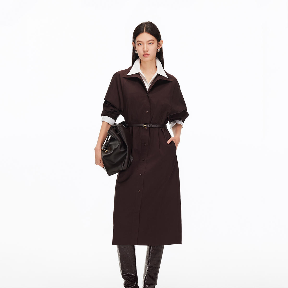 绫致Vero Moda连衣裙2025秋季新款含棉捏褶腰带收腰中长裙