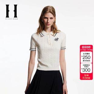 绫致SEASON HIGH秋季修身翻领胸前字母刺绣装饰针织衫女装
