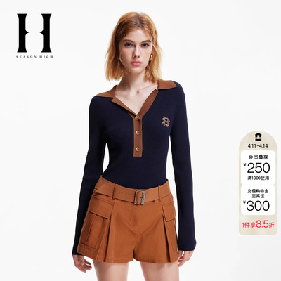 绫致SEASONHIGH秋季女针织衫翻领领口拼色修身刺绣拼接上衣女