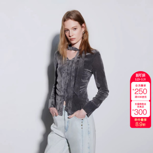 V领飘带修身 排扣设计长袖 丝绒T恤女 新款 绫致ONLY2026春季