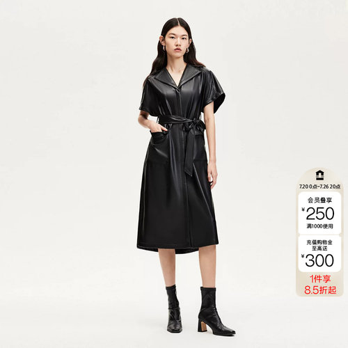 tq区绫致CoutureMade连衣裙女冬磁吸扣翻领系带PU仿皮长裙