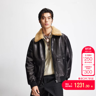 tq区绫致杰克琼斯男皮衣冬简约贴袋宽松休闲翻领羊皮革外套