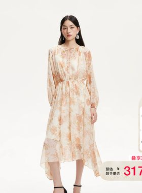 vq区绫致Vero Moda连衣裙夏季新款V领碎花捏褶拼接裙摆收腰