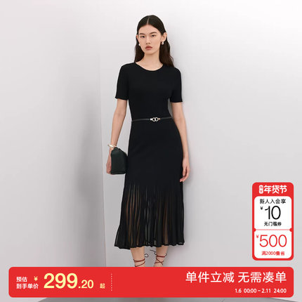 绫致Vero Moda连衣裙25夏新简约纯色圆领透纱拼接长裙气质