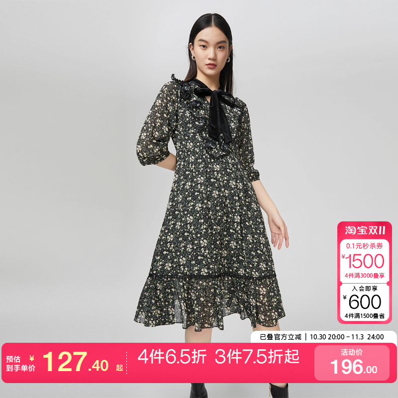 tq区绫致Vero Moda连衣裙秋冬新优雅甜美七分袖前绑带碎花潮