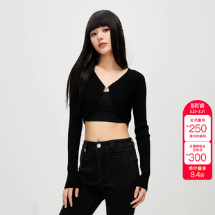 女时尚 针织衫 V领短款 绫致ONLY秋冬气质百搭不规则开衫