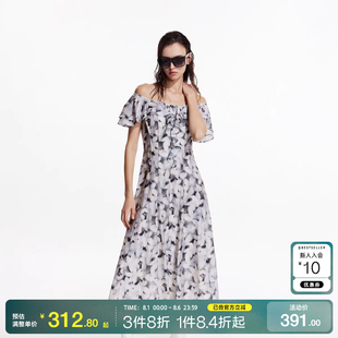 o区绫致ONLY2025夏季 连衣裙女 新款 甜美荷叶边一字领中长款