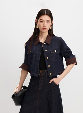 绫致Vero Moda外套女26秋冬新款丹宁复古拼接纽扣撞色牛仔上衣