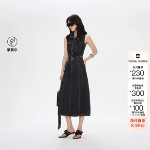 绫致ONLY秋冬新款翻领无袖露腰高腰中裙牛仔连衣裙女