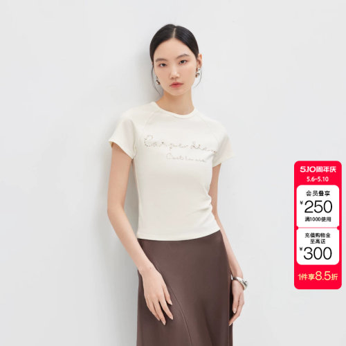 绫致Vero ModaT恤女2026夏季新款烫钻字母插肩袖修身短款上衣