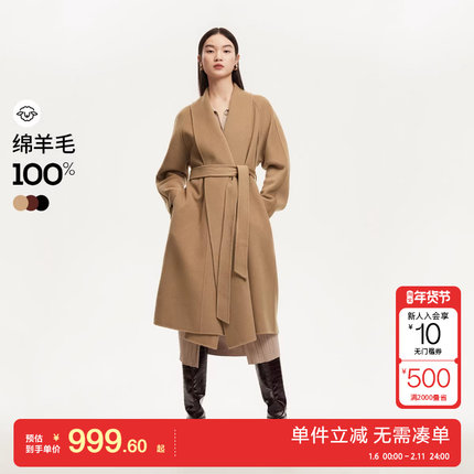 绫致Vero Moda毛呢大衣秋冬新双面呢纯羊毛大翻领插肩系带大衣