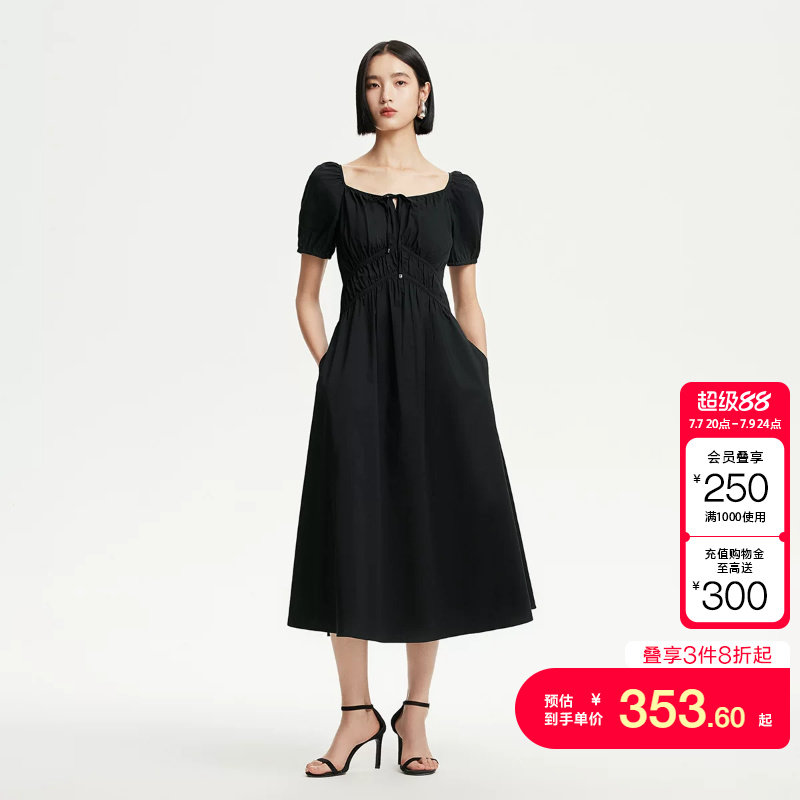 vq区绫致Vero Moda连衣裙夏季新款含棉纯色方领捏褶系带设计
