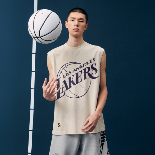 绫致杰克琼斯春季NBA联名湖人队运动罗纹圆领无袖T恤男装