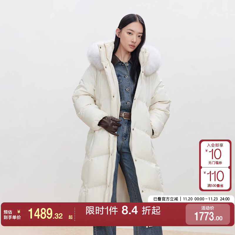 绫致ONLY2025冬季新款90白鹅绒可拆卸狐狸大毛领羽绒服女